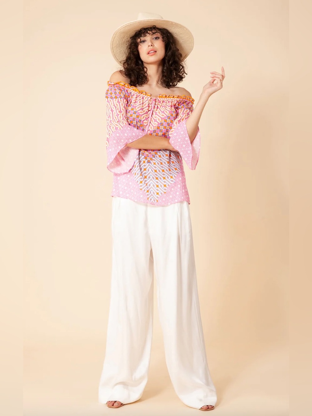 Hale Bob Cathalina Pink Multi Off Shoulder 3/4 Sleeve Top Size Small NWT